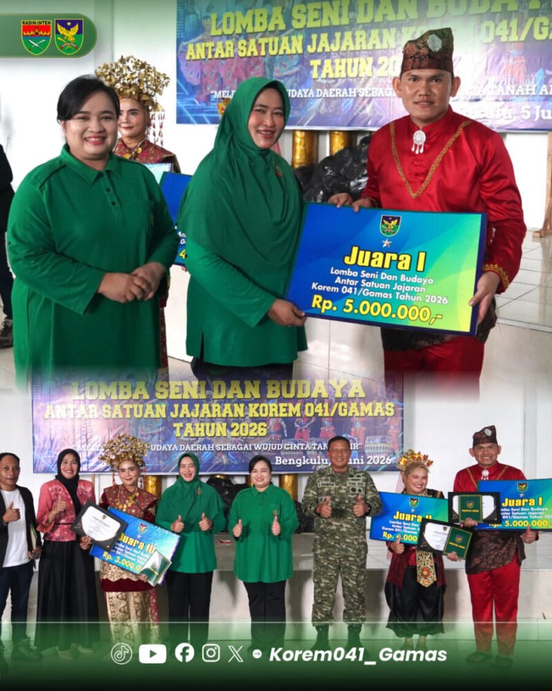 Kodim 0408 Bengkulu Selatan berhasil meraih juara pertama dalam Perlombaan Seni dan Budaya Antar Satuan Korem 041/Gamas Tahun 2026 yang berlangsung meriah di Bengkulu.